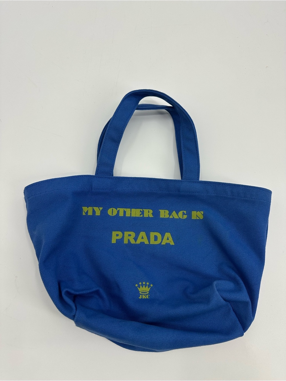 “My Other Bag Is Prada” Blue Canvas Mini Tote Bag with JKC Crown Logo